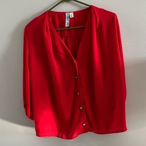 Red button down top. Bright red from Francesca’s. Cute when worn open or closed